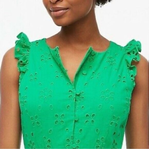 J Crew Eyelet Shirtdress Kelly Green Vintage Style A Line Midi Dress Size 00 - Picture 3 of 12